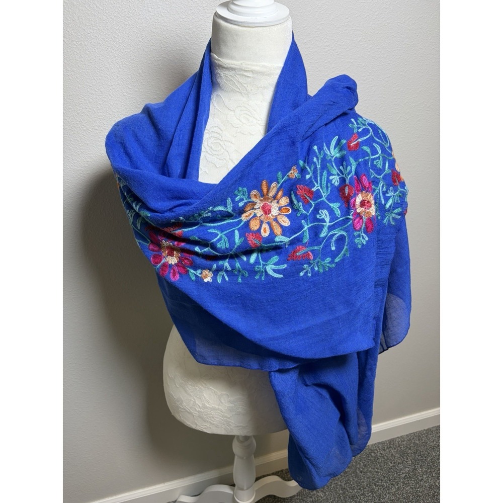 Embroidered Floral Blue Boho Scarf Shawl Wrap~36" x 64"~Soft Gypsy Festival - Picture 7 of 13